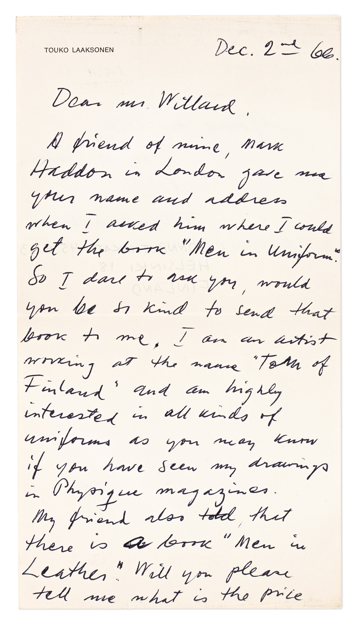 TOM OF FINLAND (1920-1991) Autograph Letter Signed, Tom of Finland / alias / Touko Laaksonen, to A. Willard,